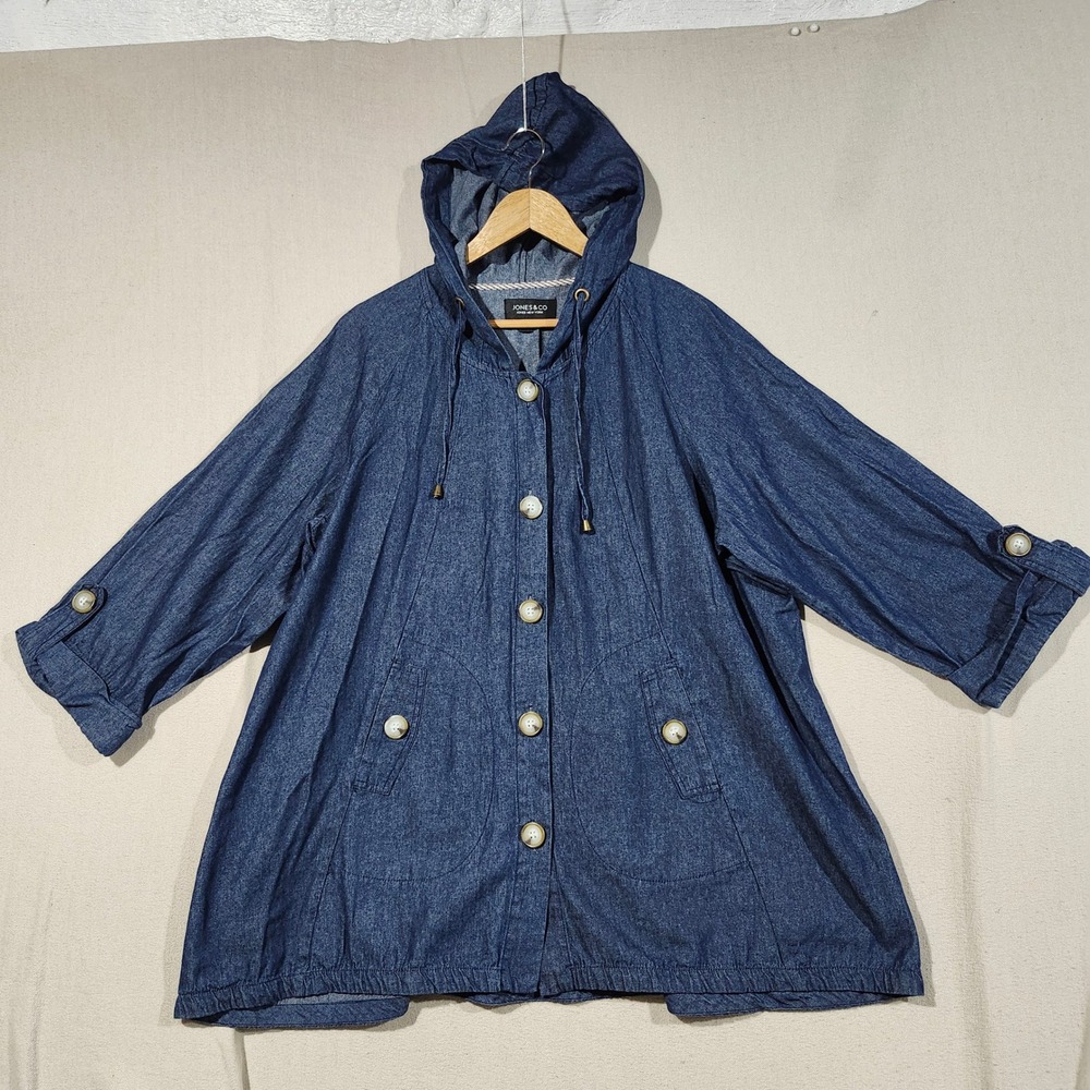 Jones & Co Jones New York Blue Denim Hooded Jacket Button Front 1X Plus Size